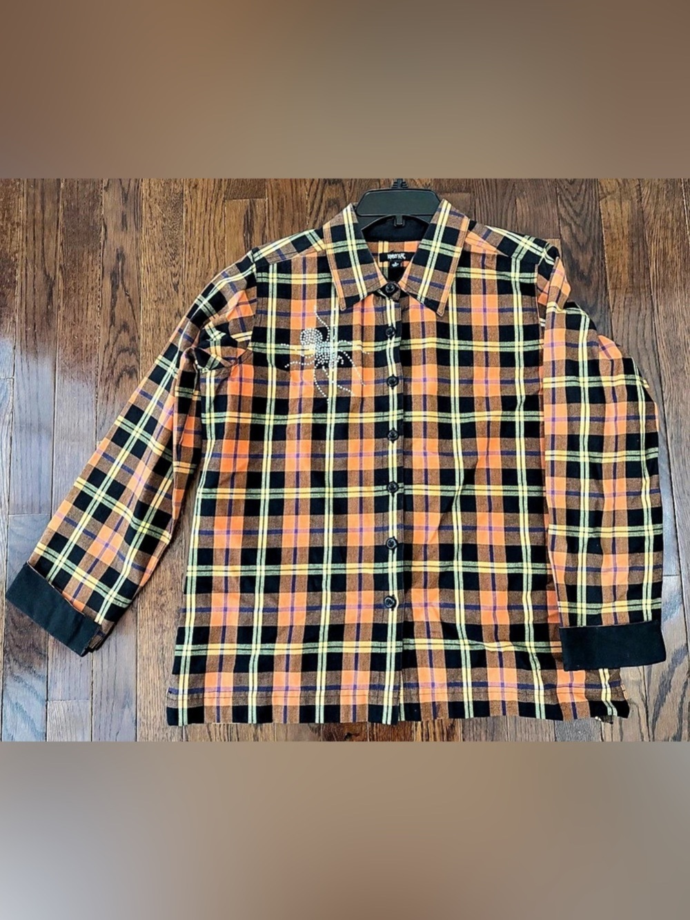 Vintage Krazy Kat Halloween Plaid Button Down Shirt Rhinestone Spider Small Y2K